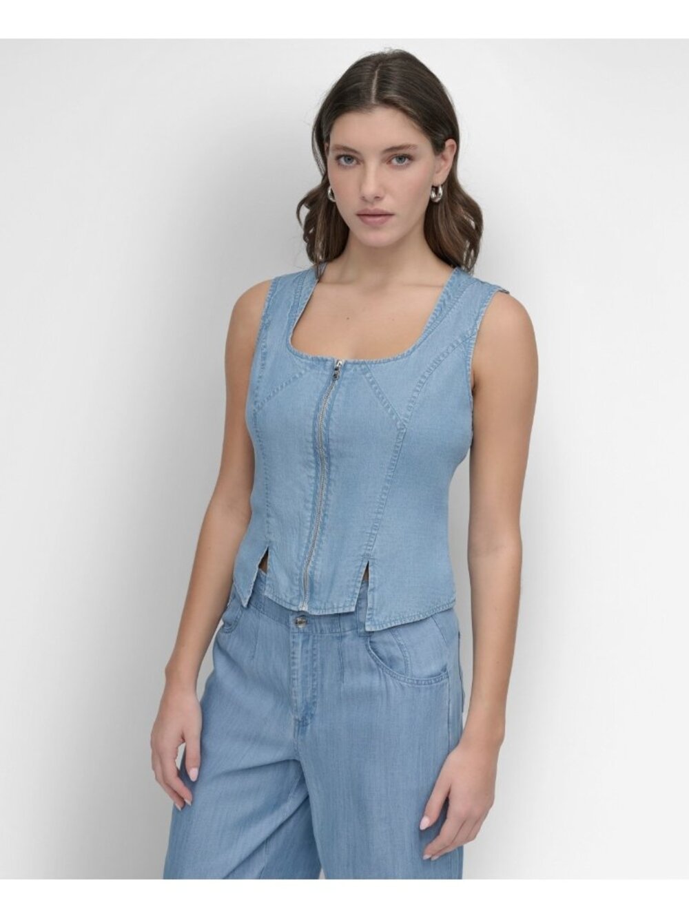DKNY Women Zip-Front Vent Corset 100% lyocell Top Scoop neck Blue Size XL $89